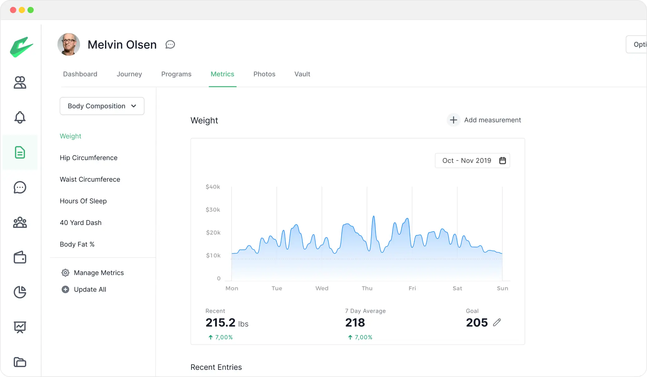 Coach Catalyst dashboard — weight tracking chart, client check-in, and message thread